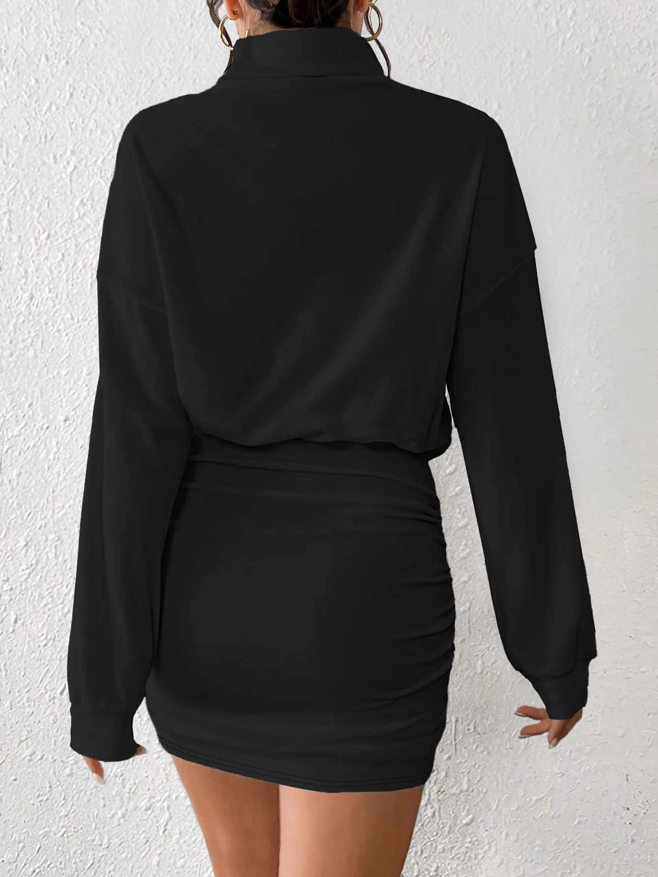 Fashion army green long sleeved high round neck, slim fit and pleated design dress can be paired with a simple black handbag on
