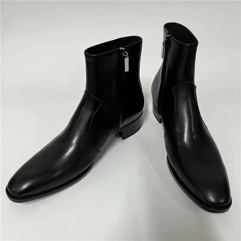 

Slim Fit Chelsea Boots with 4cm Wedge Heel Gentle Factory Real Picture Leather Pointed Toe Luxurious Dress Wedding Men's Boots