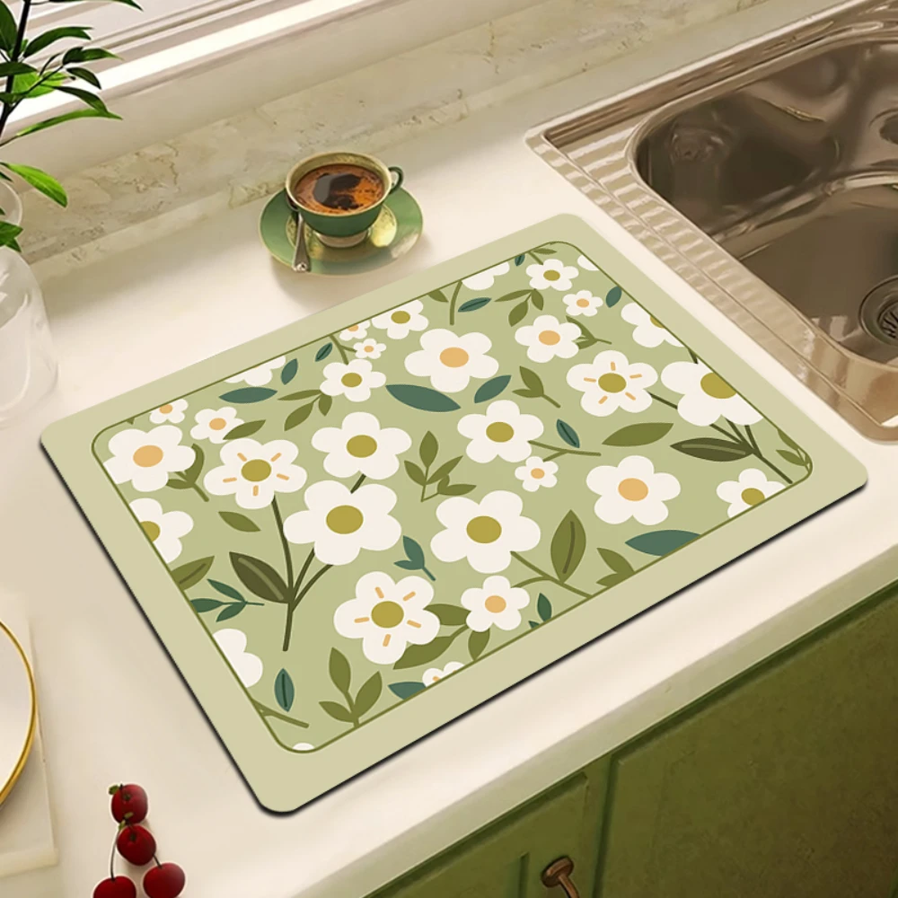 White Flowered Tulips Tableware Drying Mat Soft Drain Pad Super Absorbent Wear-resistant Coffee Machine Mat Kitchen Table Decor