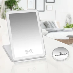 LED Makeup Mirror Cosmetic Mirrors With Light Foldable Travel Makeup Touch Screen Dimm with 10X Magnifying Detail Vanity Mirror