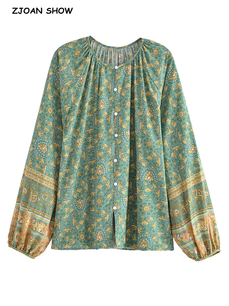 BOHO Light green Flower Print Loose Full Raglan Sleeve Shirt Holiday Women Single-Breasted Button Blouse Beach Cape Tops