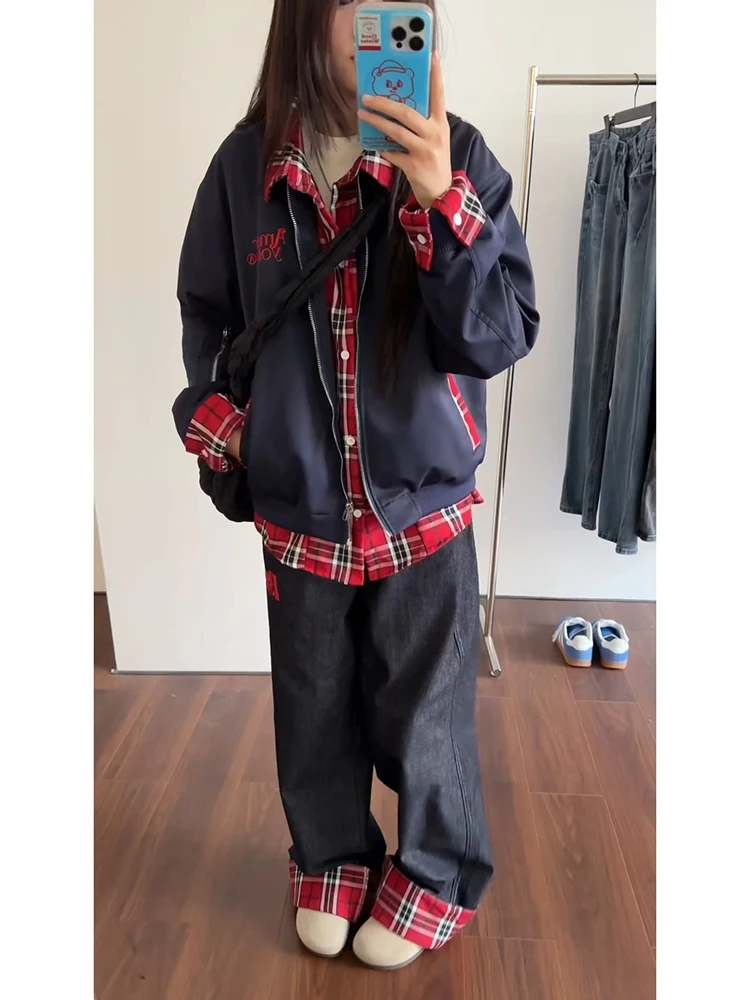 Hombres Plaid irt Jaet American Retro Sle Primavera Otoño ort Béisbol Vintage Jaet Loose Fit Water Waed Poliéster Co...