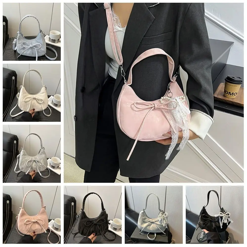 

Large Capacity Bow Shoulder Bag Lace Pearl Pendant Korean Style PU Hobo Bag Handbag Fashion Design French Style Handbag Shopping