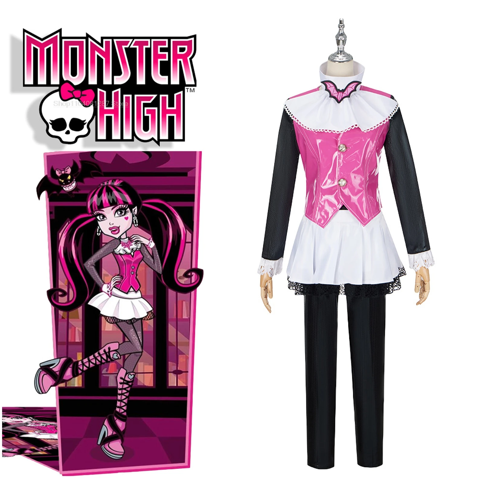 IN STOCK Monster High: Draculaura Cosplay Costume Pink Suit Vampiree Anime Female Cosplay Halloween Costumes Red Wig