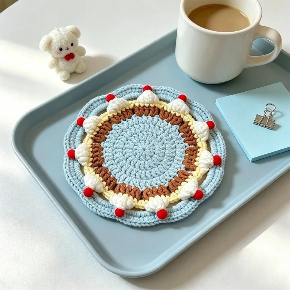 Creative Knitted Cream Cake Crochet Coaster Handmade Heat Resistant Insulation Mat Non Slip Placemat Dining Table