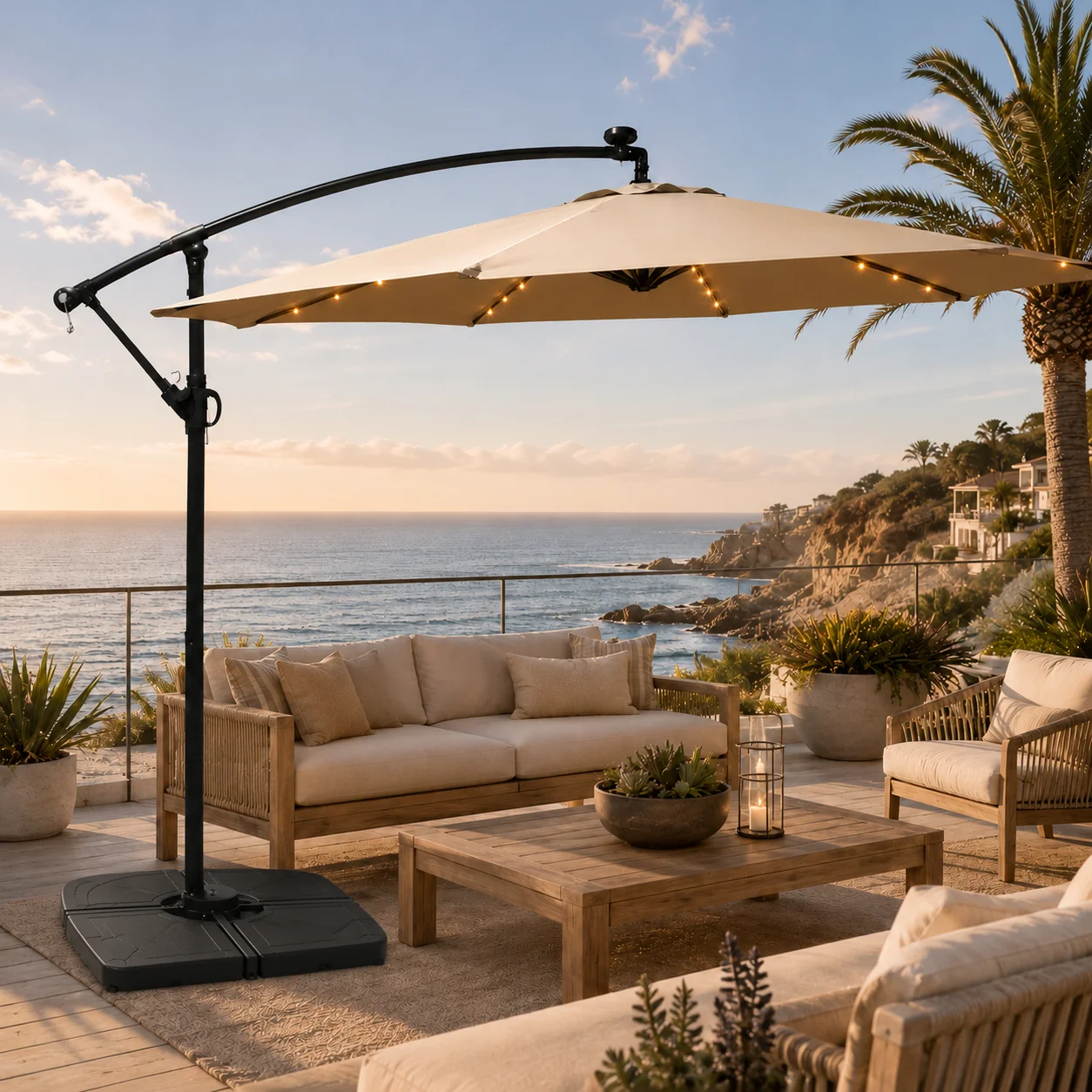 #300cm Modern Outdoor Cantilever Umbrella LED Lights Steel Frame Waterproof Banana Offset Hanging Parasol Park Patio Restaurant
