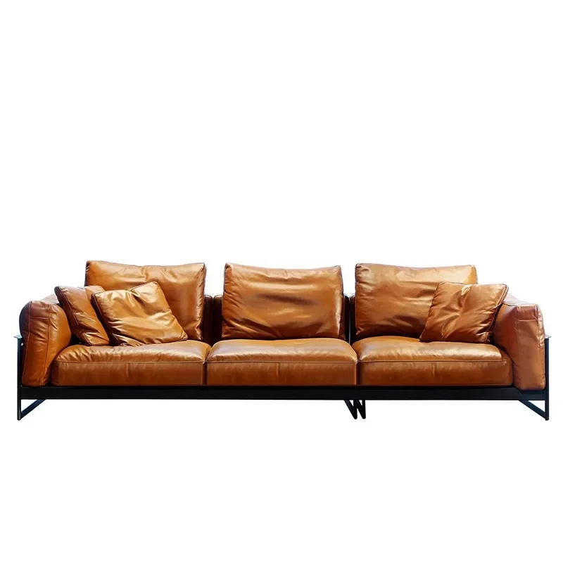 Modern light luxury leather sofa Italian minimalist living room sofa three-person straight top leather sofa