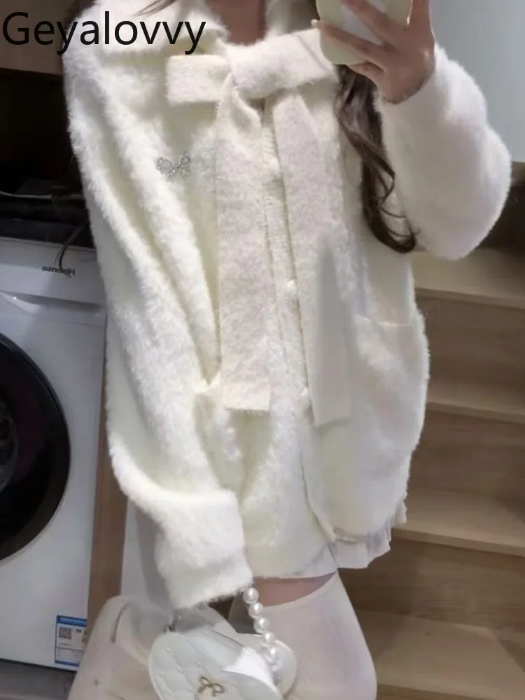 

Sweet Cute Girls Bowknot Soft White Cardigan Sweater Autumn Winter Solid Color Versatile Loose Lace-up Knitted Coat for Women