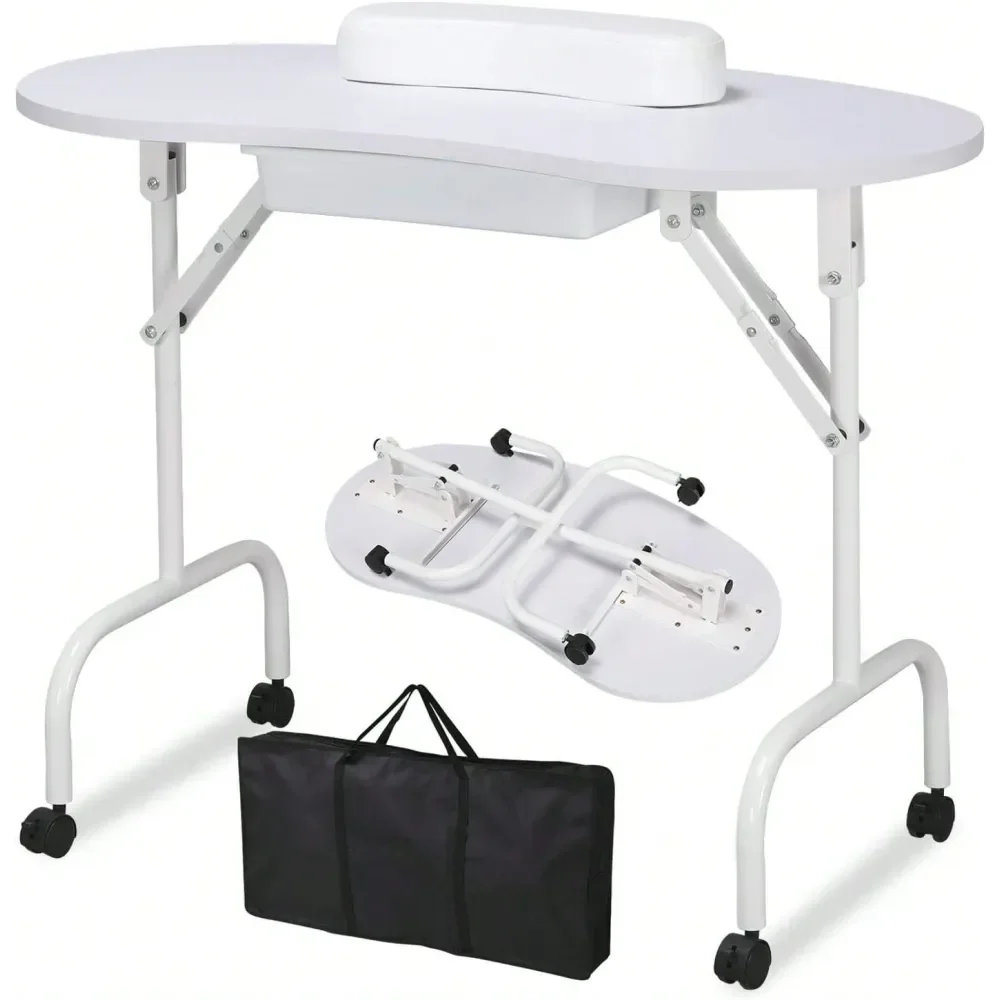 

Portable Foldable Manicure Table Nail Desk Workstation With Large Drawer Client Wrist Pad Controllable Wheels Carrying Case For