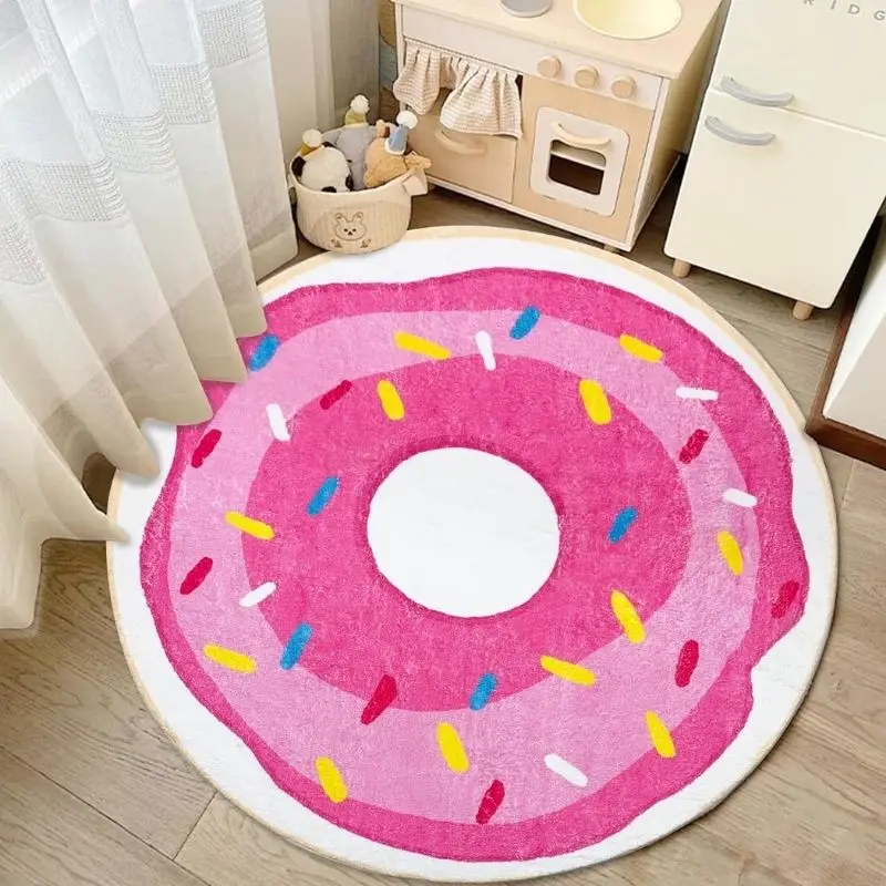 

Donuts Hairy Nursery Play Mats For Children，Plush Baby Bedroom Beside Rug,Round Fluffy Carpet For Living Room，Pink Kids Rugs