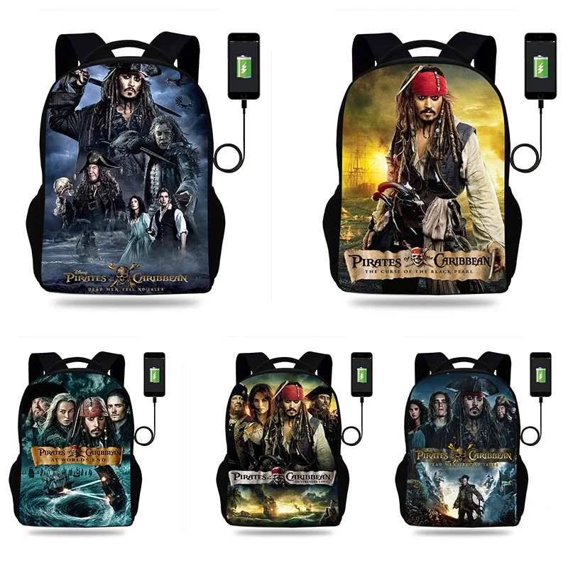 Pirates Of The Caribbean Cartoon Backpack Boy Girl Teenager School Bag USB Charging Daily Travel Large Capacity Backpack Mochila