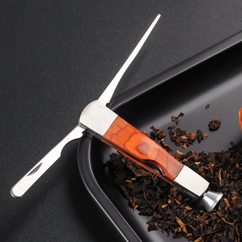 

1PCS 3in1 Multifunction Stainless Steel Smoking Pipe Tool with Red Wood Handle Tobacco Presser Cleaner and Smoke Knife Accessory