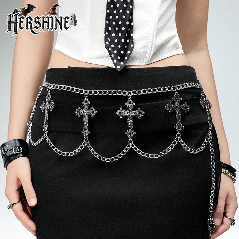 HERSHINE Women's Silver Fashion Chain Cross Tassel Waist Chain, Y2K Gothic Punk Harajuku Rock Hip Hop Accessory，spring，summer