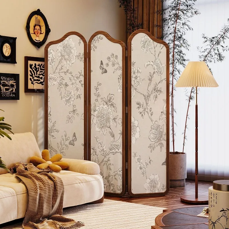 

French retro solid wood screen partition living room entrance blocking sofa background dining room decoration folding mobile fol