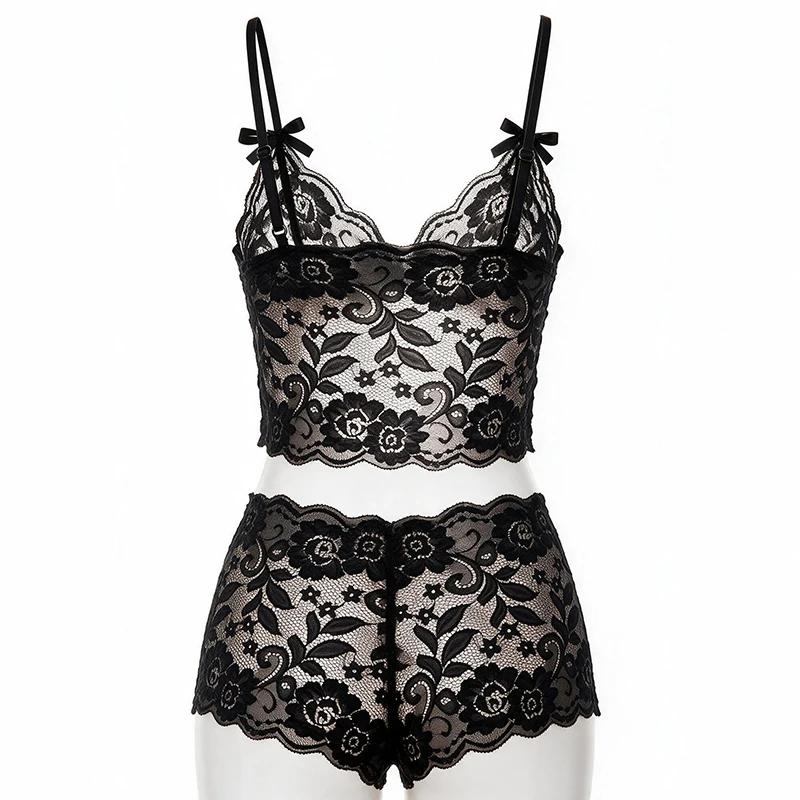 European and American Sexy Lingerie Perspective Lace Suspender Pajamas Adjustable Chest Wrap Three-Point Style Women Sleepwear