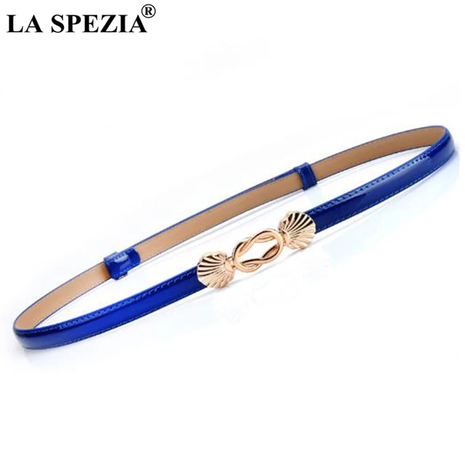 LA SPEZIA Thin Women Belt Double Buckle Blue Ladies Dress Belts Fashion Real Leather Cowskin Female Brand Narrow Waist Belts