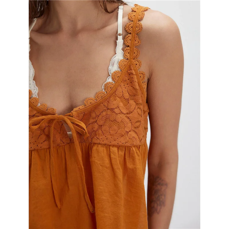 Women Lace Trim Tank Tops Y2k Tie Front Semi Sheer Crop Vest Cute Sleeveless Scoop Neck Flowy Shirt