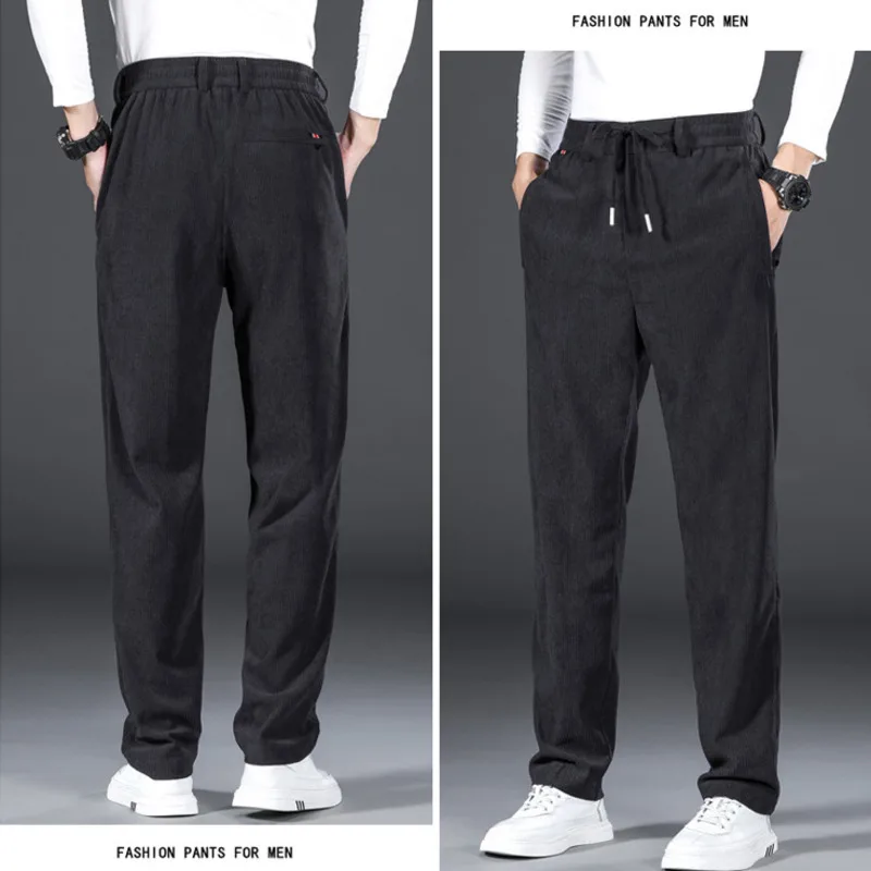 Pantalones informales gruesos de otoño e invierno para hombre con cintura elástica a rayas y pantalones de pierna ancha, pantalones de pierna recta sueltos de pana