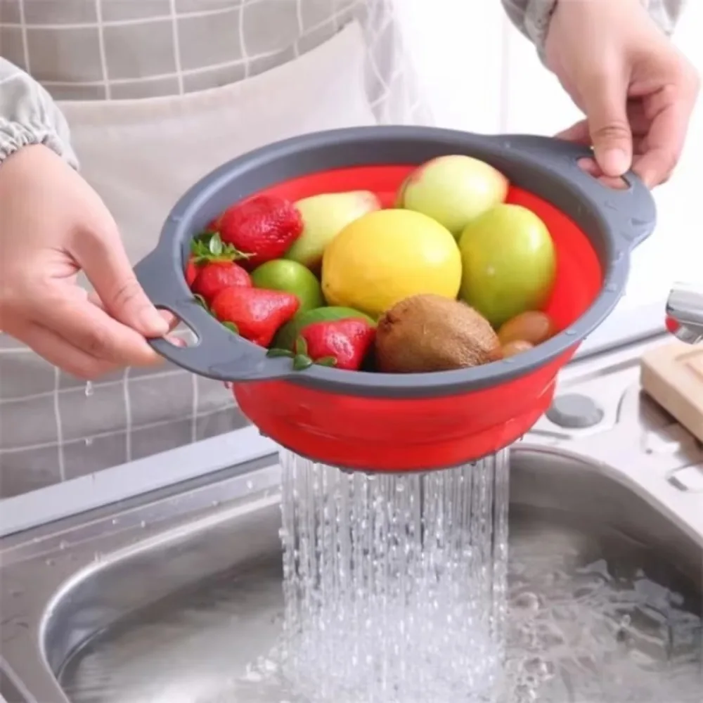 Foldable Vegetable Washing Drain Basket Silicone Kitchen Tool Folding Drain Basket Space Saving Round Water Filter Basket