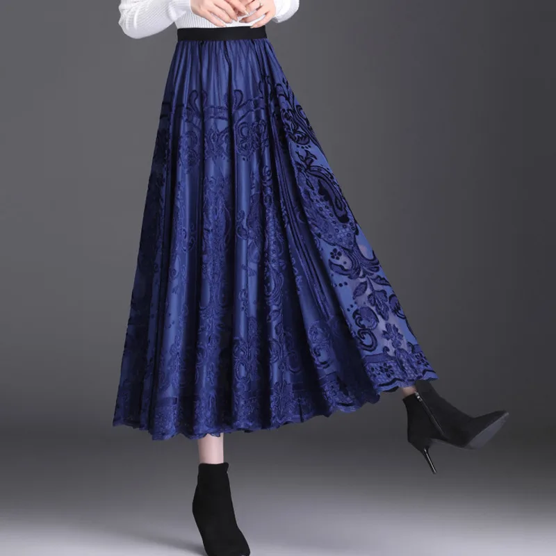 #1629 Black Red Blue Vintage A-line Pleated Skirt Women Slim Printed A-line Skirt Elastic High Waisted Skirts Spring Autumn