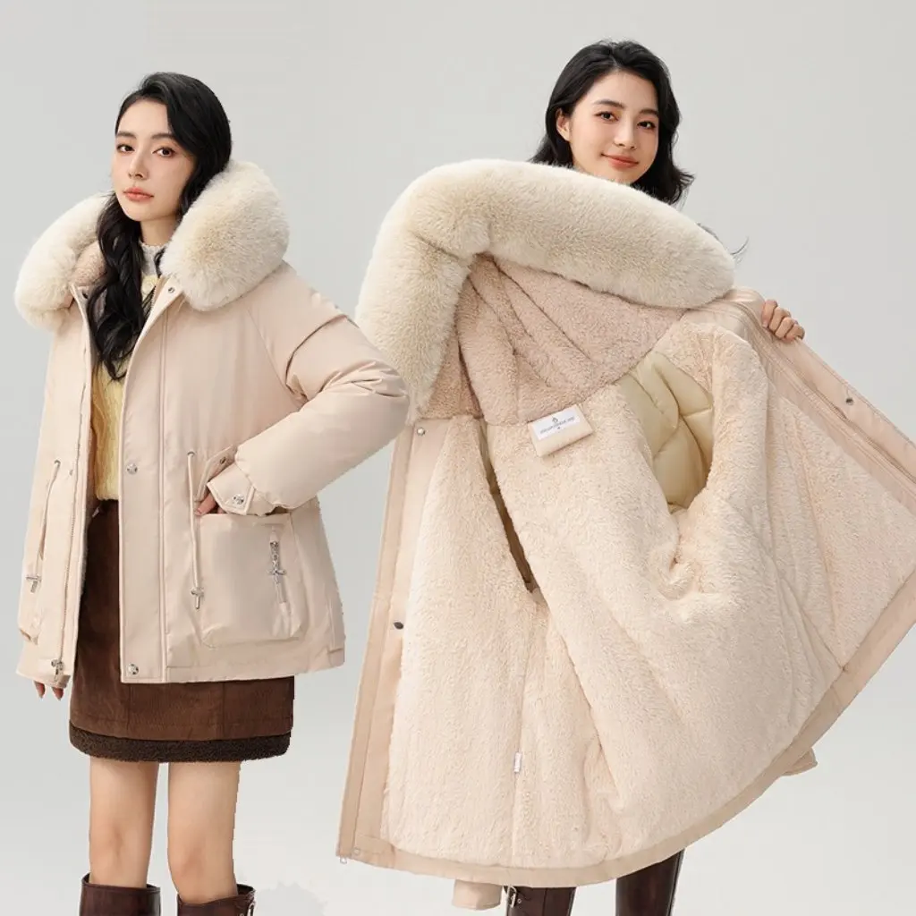 Winter Women's Thickened Parker Coat Slimming Hooded Warm Cotton Clothing with Big Wool Collar Trendy Tight Waist Design