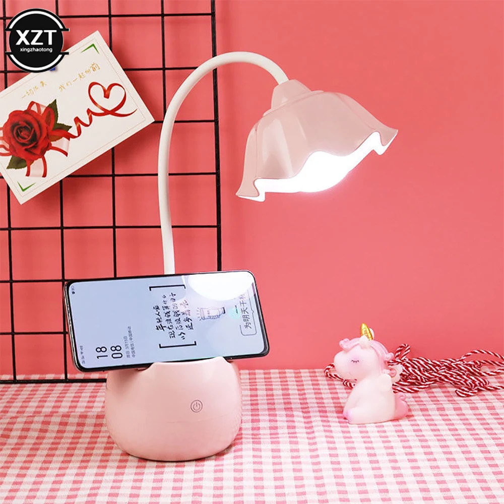 Girls LED Reading Desk Lamp Dimmable Touch Eye Protection Portable Lamp USB Rechargeable Bracket Pen Holder Multi-Function Light