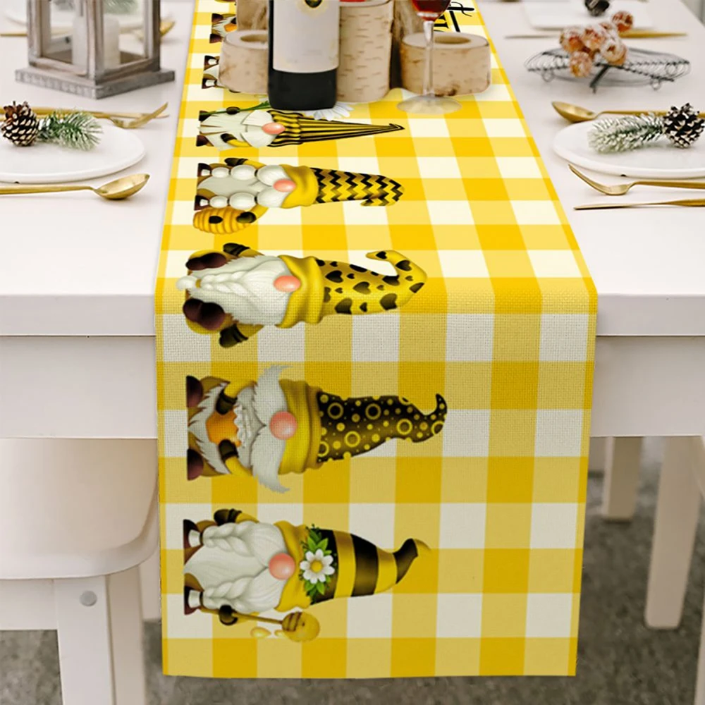 Summer Bee Gnomes Retro Table Runner Bee Decor For Home Spring Kitchen Decor Farmhouse TableCloth Kitchen Dinging Table Decor