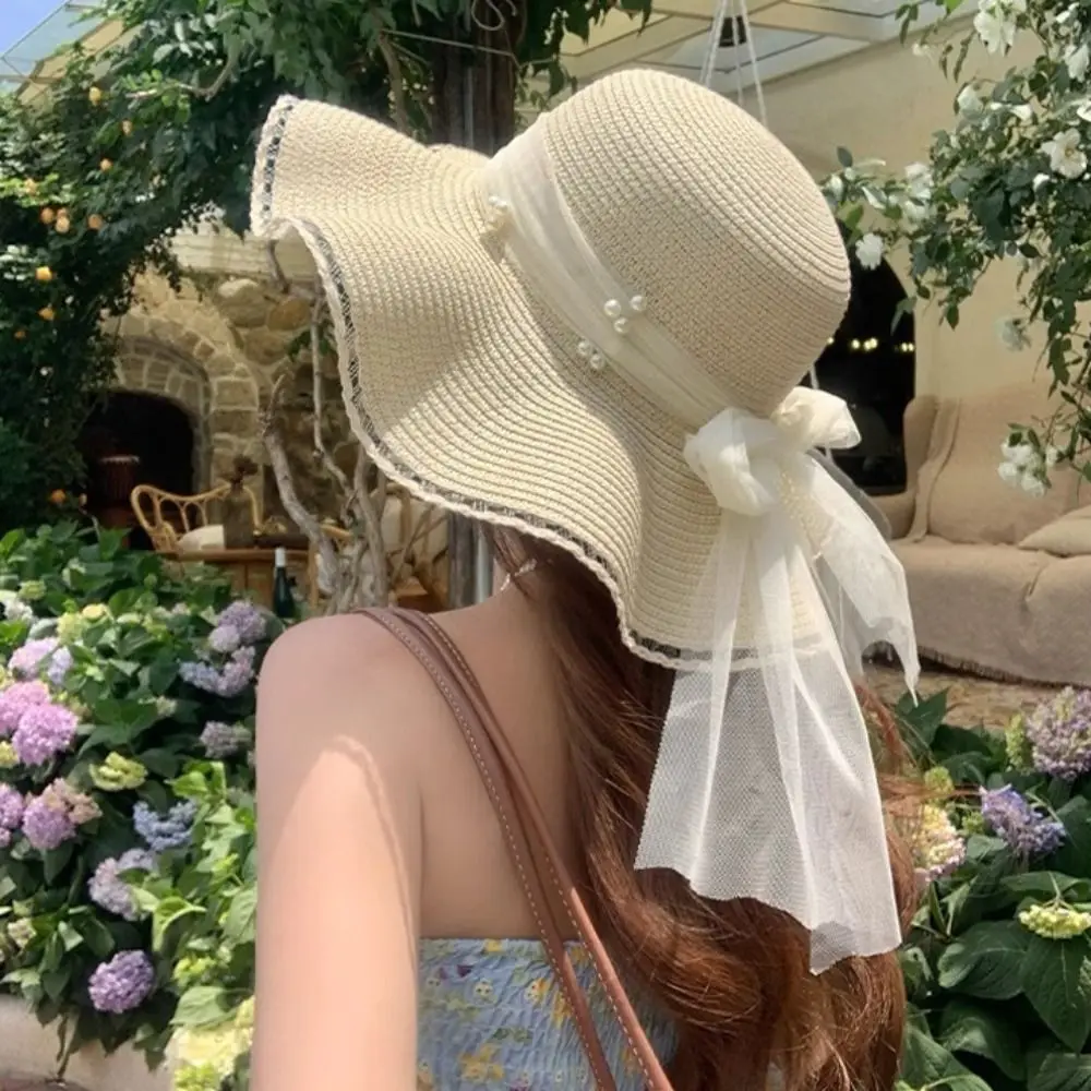 

New Straw Sun Hat Bow Ribbons Wide Brim Beach Hat UV Protection Portable Bowknot Cap Summer