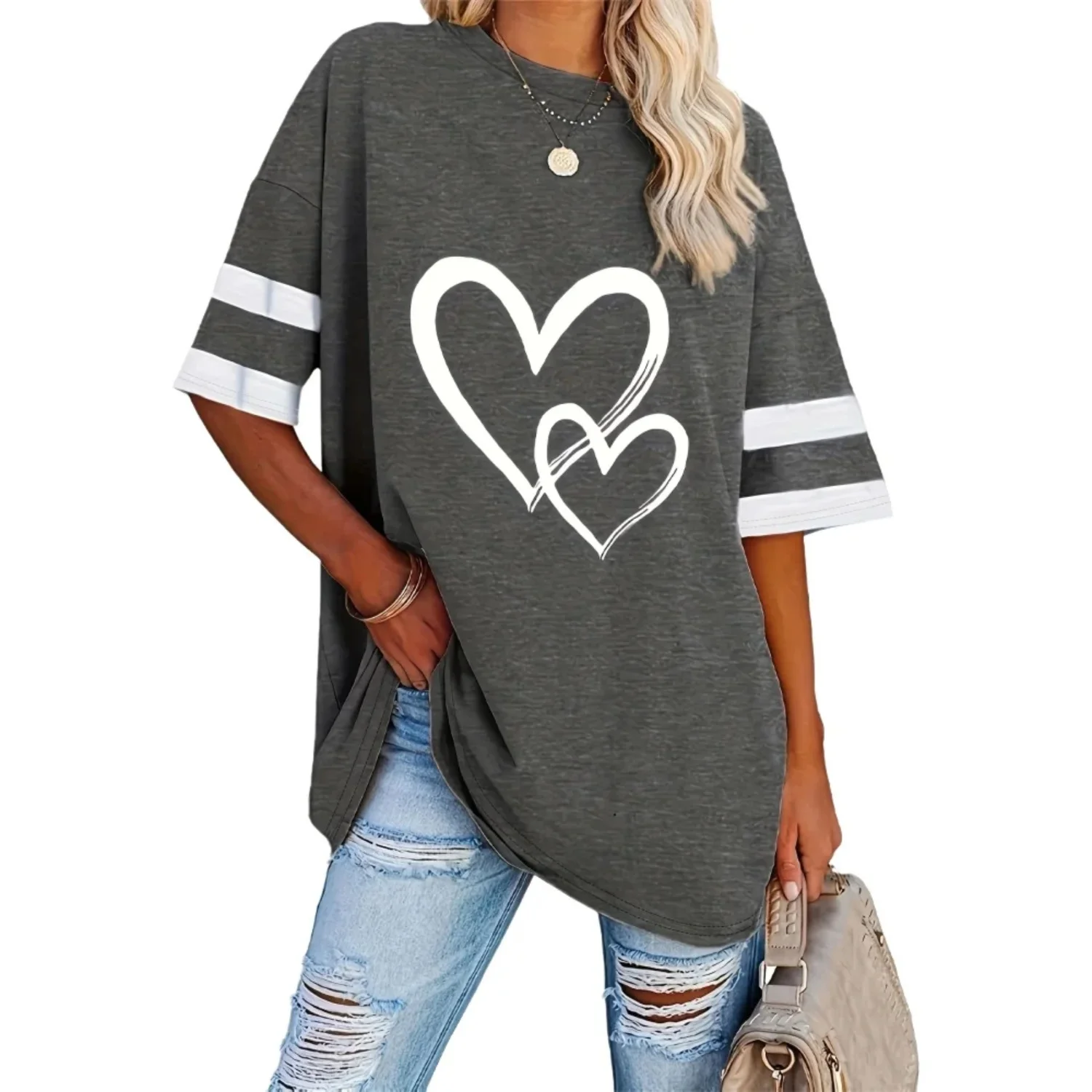 Comfortabele grote maat hartvormige damestop met korte mouwen 2025, trendy casual damesbovenkleding