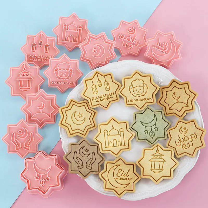 10PCS Eid Mosque Moon  Cookie Cutters Plastic 3D Biscuit Molds Ramadan Fondant Baking Tools for Halal Treats Kids Family DIY