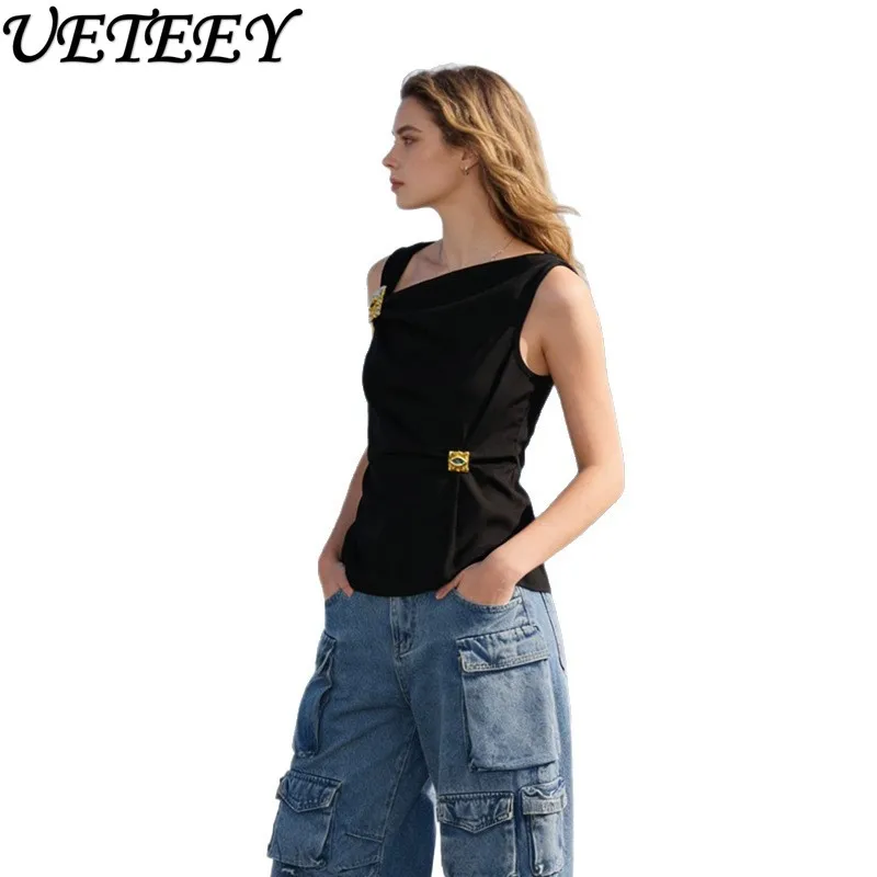 

2026 Spring New French Style Sleeveless T-shirt Vest High-end Metal Decoration Ruched Slim Fit Irregular Vests Women Y2k Top