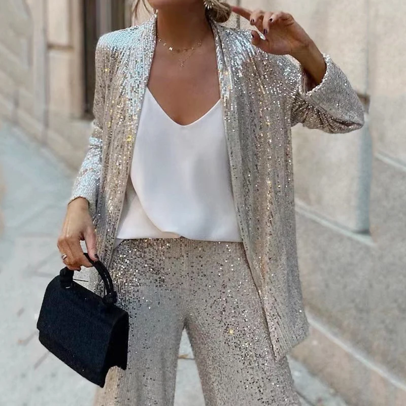 All Over Sequins Sparkling Tow Pieces Sets Long Sleeve Coat Top Wide Leg Pants Set For Women Korean Style Femme Elegant Fashin