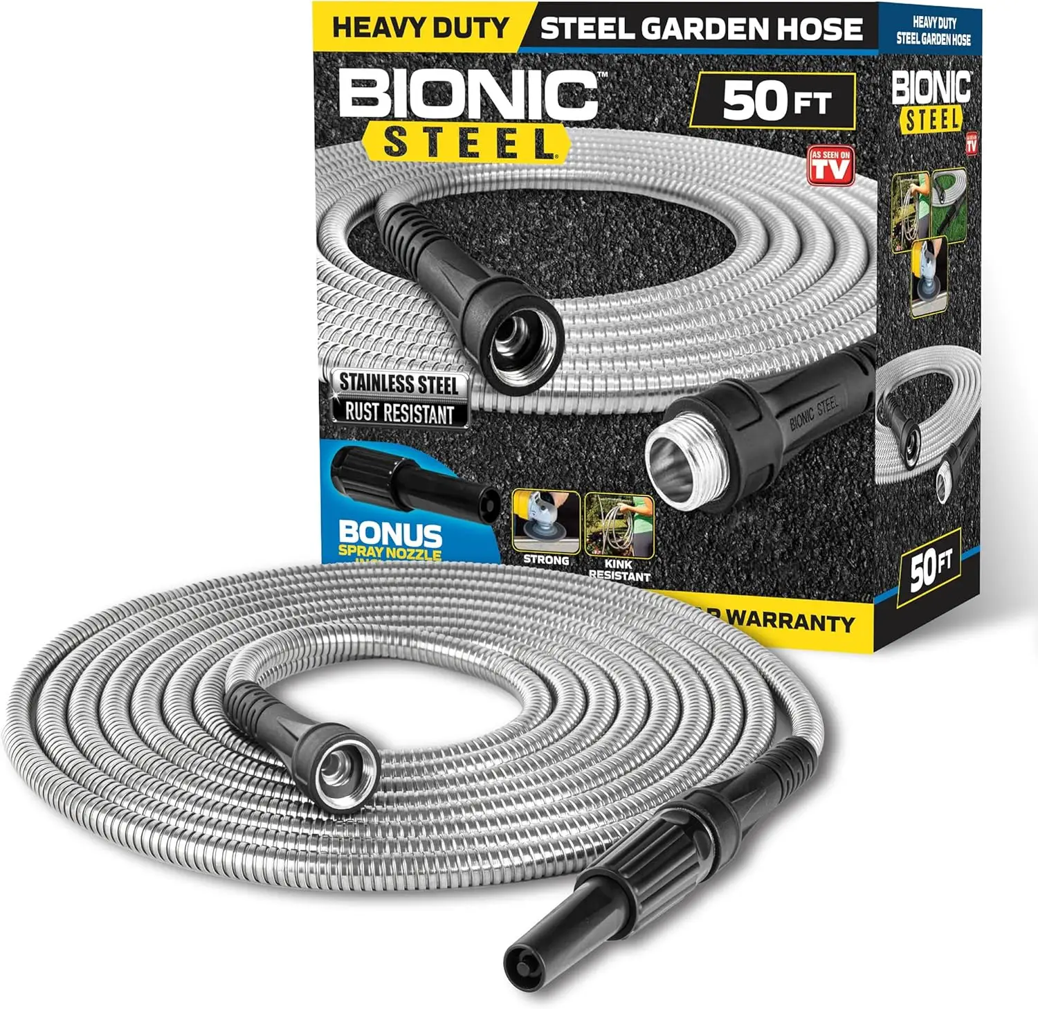 

50 Ft Metal Garden Hose with Sprayer Nozzle, Non Kinking Designed Stainless Steel Heavy Duty Water Hose 50Ft x 5/8 in. U