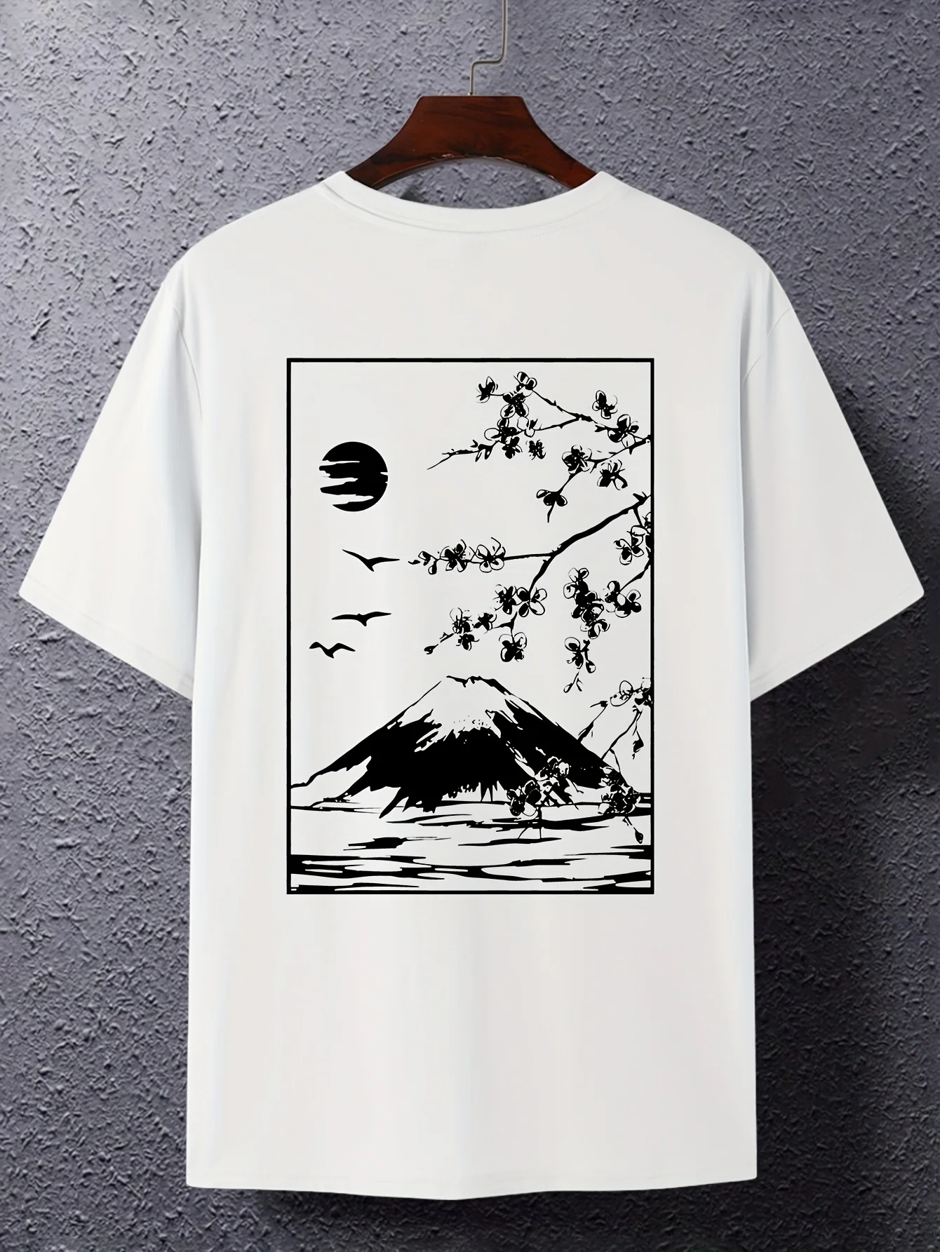 Black Soft Pink Fuji Mountain and Sakura Night Print 100% Cotton Men's T-shirt Summer Dark Japanese-Inspired Casual Streetwear