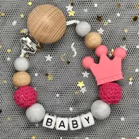 Attache-sucette avec nom personnalisé, chaîne en bois de hêtre faite à la main, support de couronne en Silicone, sucette, jouet de dentition pour bébé, cadeau à mâcher, nouvelle collection 5
