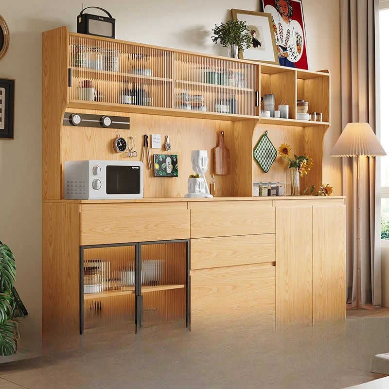 Oak Solid Wood Microwave Oven Kitchen Storage Multi-layer Household Storage Countertop Side Cabinet