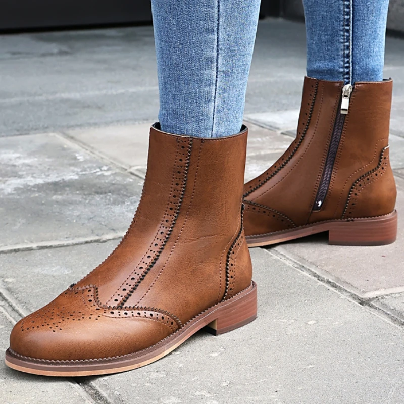 

Повседневные ботинки-полусапожки для женщин, весенние, швейные, черные, коричневые, короткие мотоциклетные ботинки, обувь на плоской подошве, унисекс, большие размеры