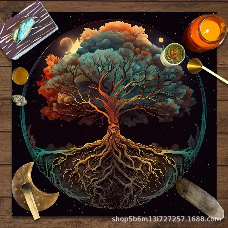 VIKAMA Lebensbaum Runen-Tarot-Tuch Heilige Geometrie Wahrsagematte Hexerei Wicca Spiritueller Wandbehang