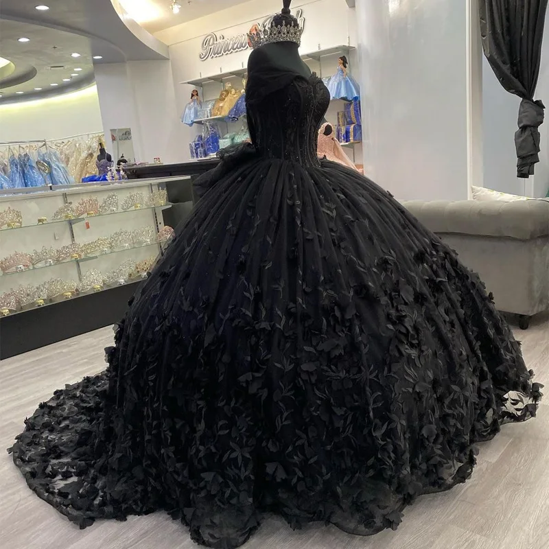 Vestido de quinceañera de tul negro con hombros descubiertos, vestido de princesa 3D con flores y abalorios, vestido de baile dulce 16, fiesta de desfile con cordones, 2022