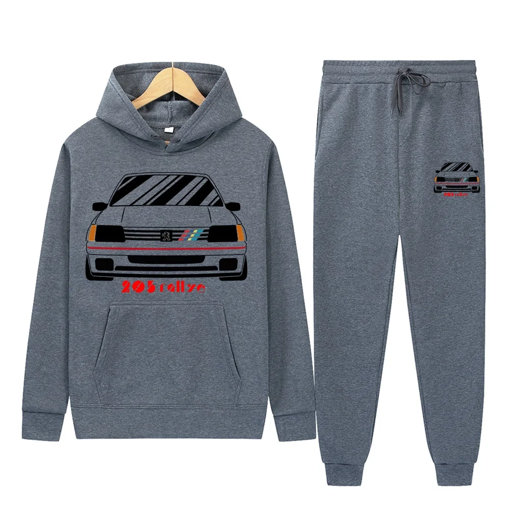 Men\'s 2Pcs Sets Fleece Sweatshirt Hoodies Pants Retro Wrc Rose 205 Gti CAR Rallye Racing Male Sportswear Tracksuits Unisex Ensem