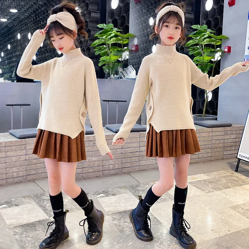 2022 children's new sweater with pleated skirt spring and autumn girls solid color knitted irregular long-sleeved suit cheap