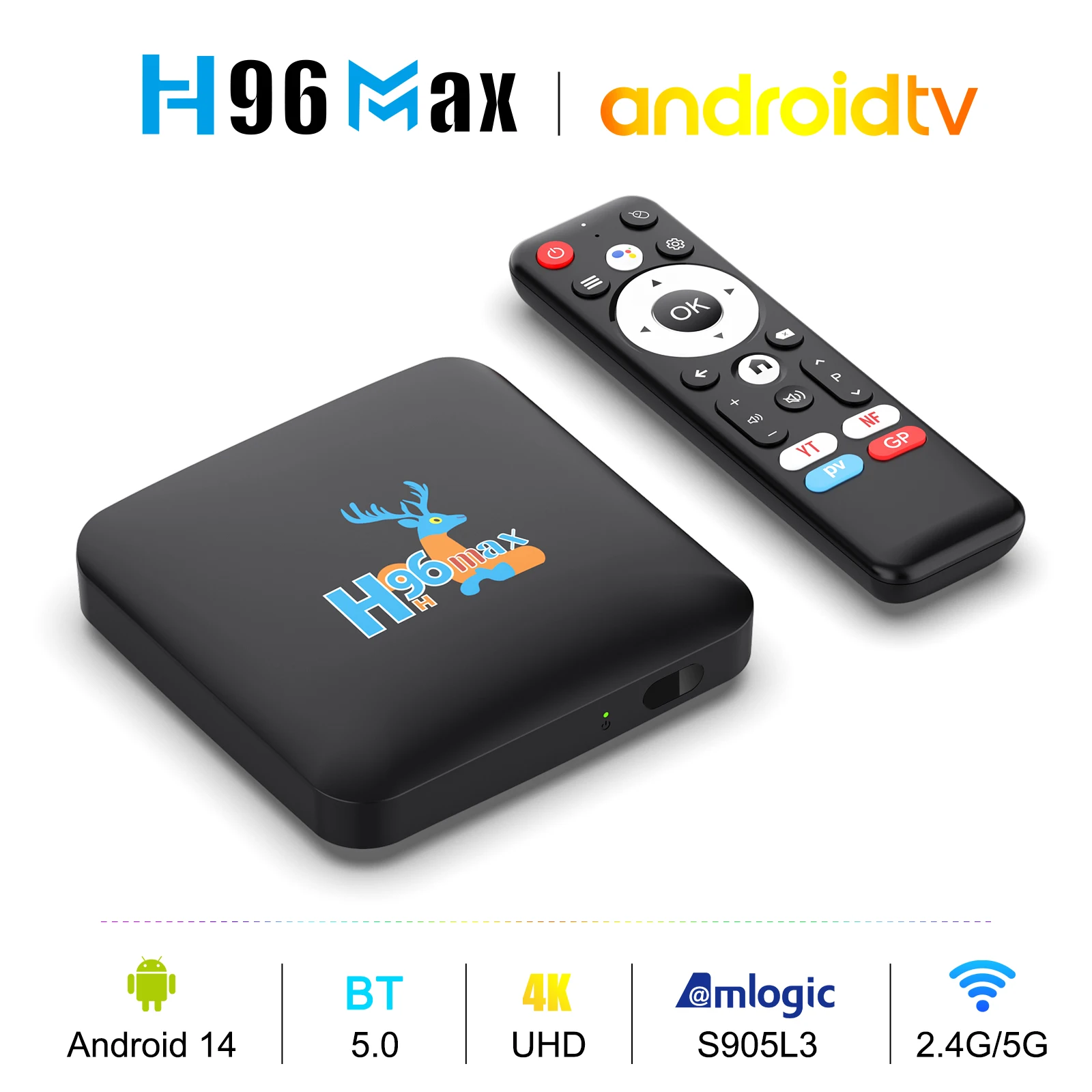 H96 MAX S905L3 Android 14 Smart TV Box 4K HD فك ثنائي النطاق WiFi BT4.0 Google Assistant Set Top Box مع عدسة نمط الغزلان