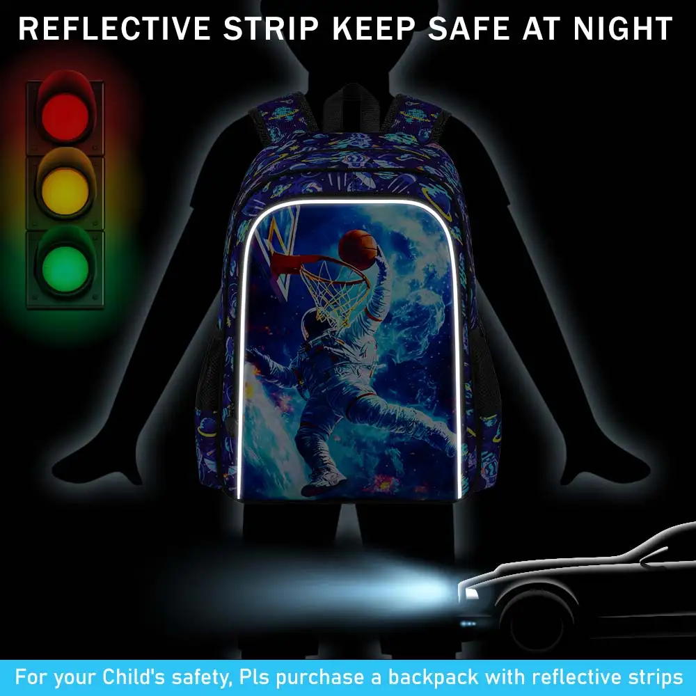 3 قطع حقائب ظهر للأولاد، حقيبة كتب للأطفال مقاس 16 بوصة مقاومة للماء للأولاد، حقيبة ظهر خفيفة الوزن مع صندوق غداء - كرة سلة رواد الفضاء #4