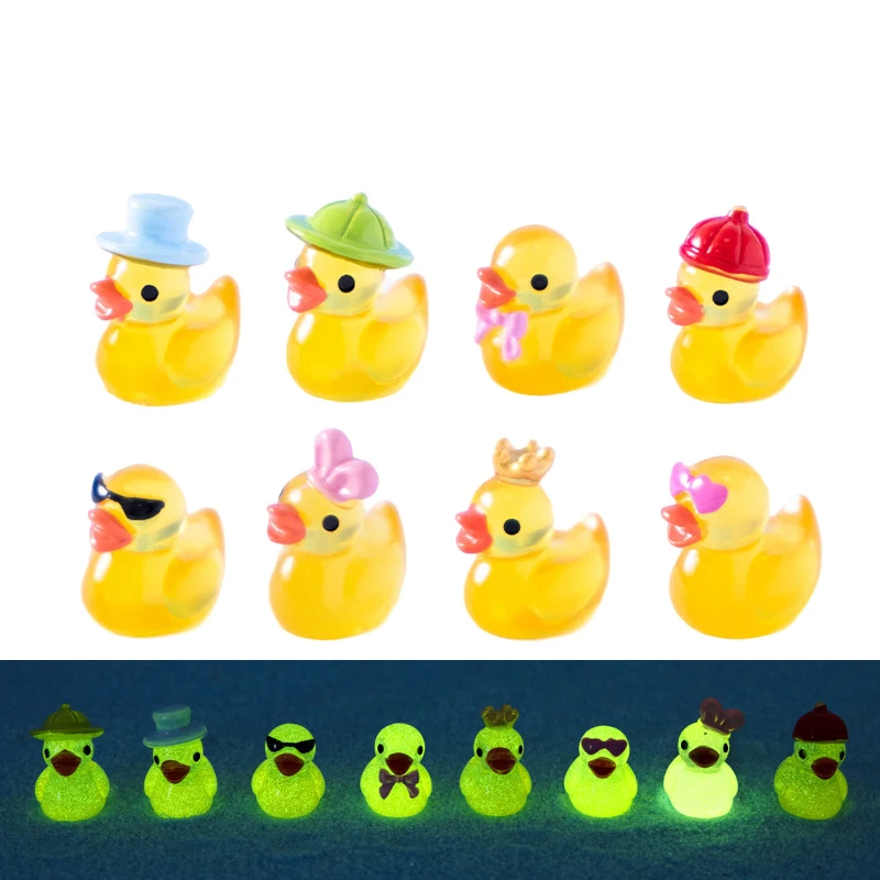 8 قطعة الراتنج مضيئة البطة الصفراء الصغيرة المنمنمات توهج في الظلام البط التماثيل DIY بها بنفسك حوض السمك حديقة ديكور ديكور المنزل