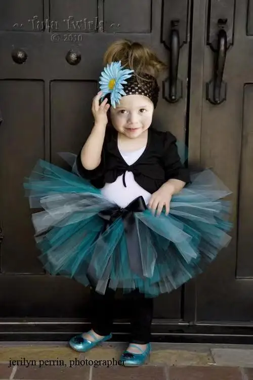 Cute Girls Blue Tulle Skirts Baby 100%Handmade Fluffy Ballet Pettiskirt Tutu with Flower Headband Kids Birthday Party Tutu Skirt