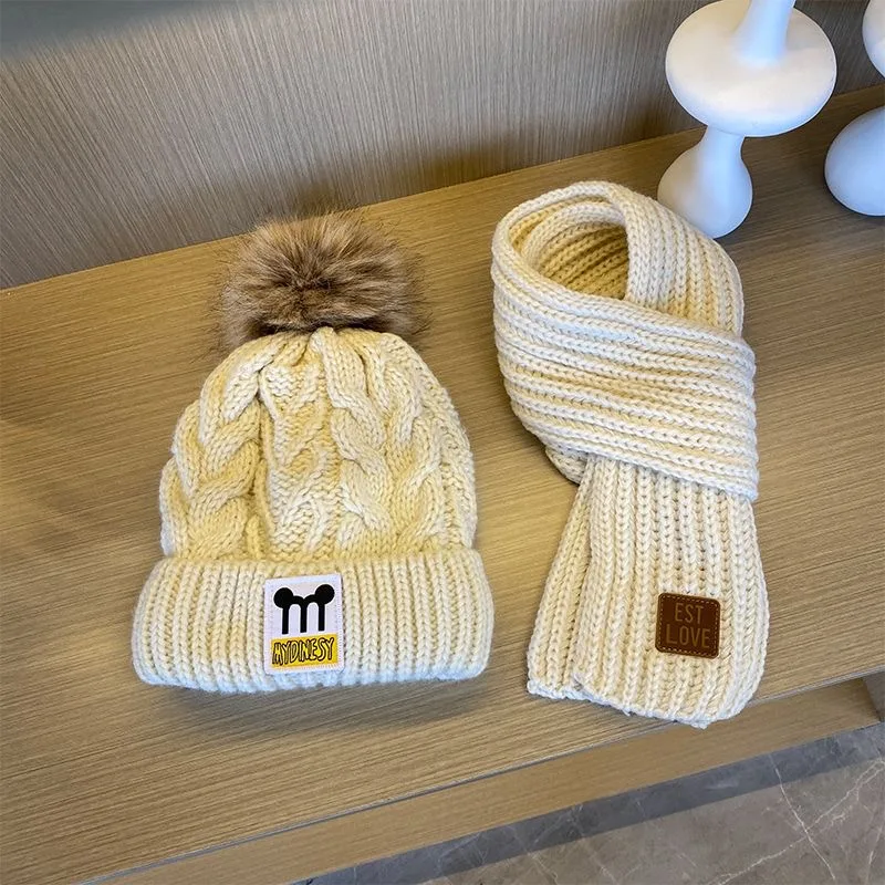 

Children's hats and scarves two sets of padded baby knitted cap set of head cap solid color versatile warm cold protective ear p