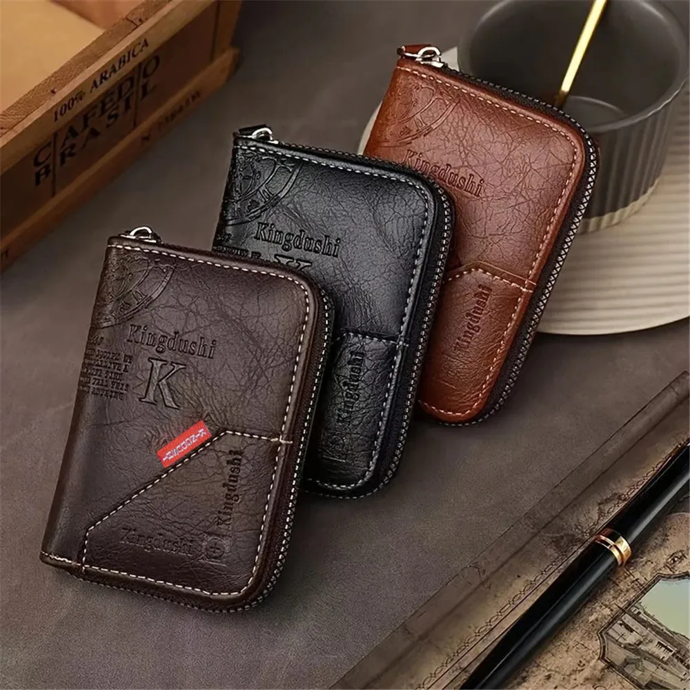 ​​Vintage PU Leather Slim Wallet - Zipper RFID Blocking 11-Slot Card Holder, Retro Style Gift for Men & Women, Classic Design​