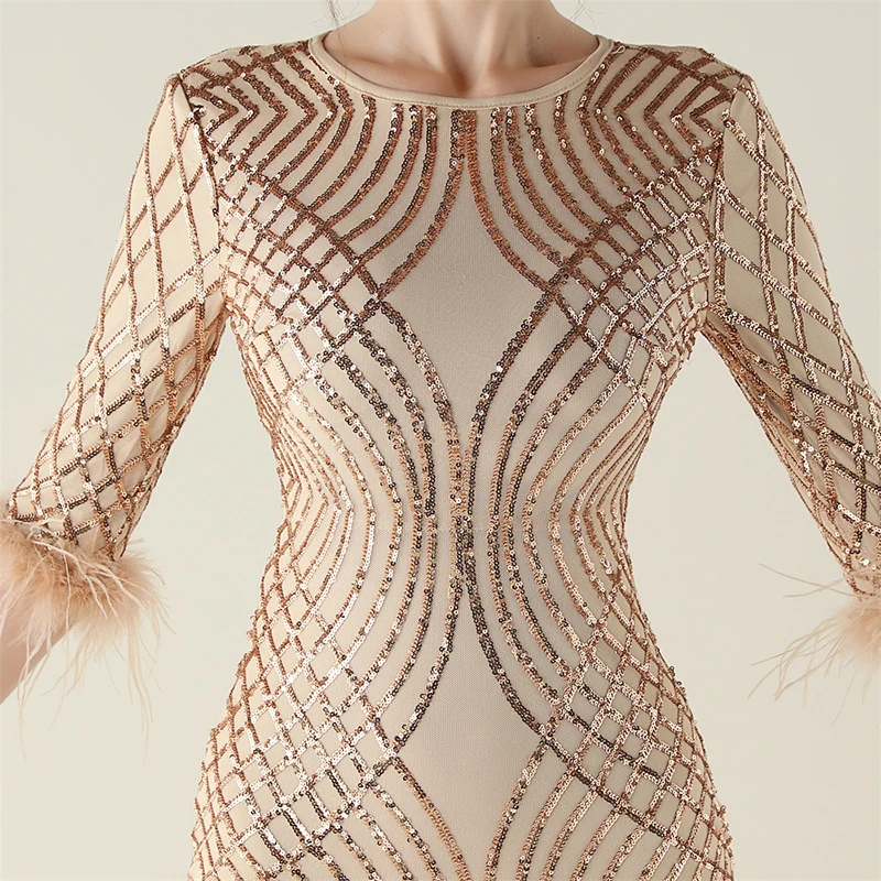 Primavera otoño mujer elegante media manga cuello redondo pluma lentejuelas cóctel graduación lujo fiesta de noche vestido largo