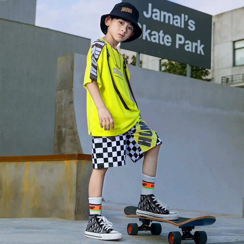 Conjunto de minifalda para niña y niño, traje de baile de Jazz, ropa de Hip Hop, camiseta de gran tamaño, Top corto, pantalones cortos a cuadros de verano