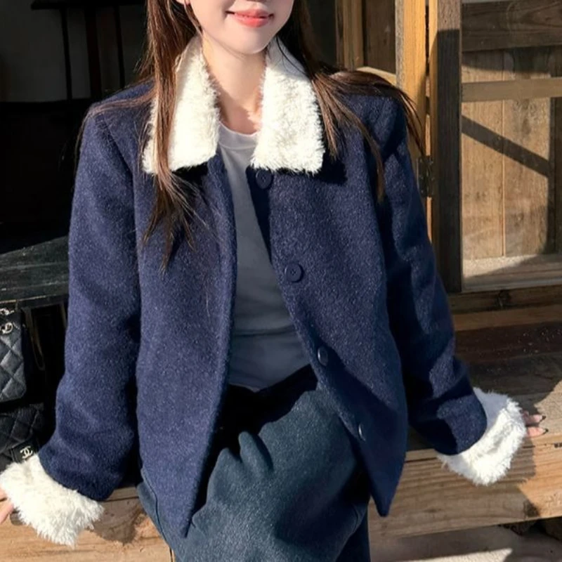 Gentle Wind Splicing Lamb Wool Collar with Cotton Thickened Coat for Women's Autumn and Winter Style Versatile Top